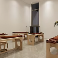 Chinese Style Practice Studio Interior With Wooden Tables Red Mats And Green Plant