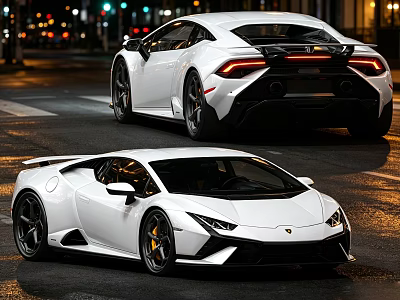 White Luxury Sports Cars On Night City Street With Sleek Design And Headlights 3d model