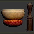 Decorative Ornament Set with Golden Singing Bowl Red Cushion and Wooden Mallet