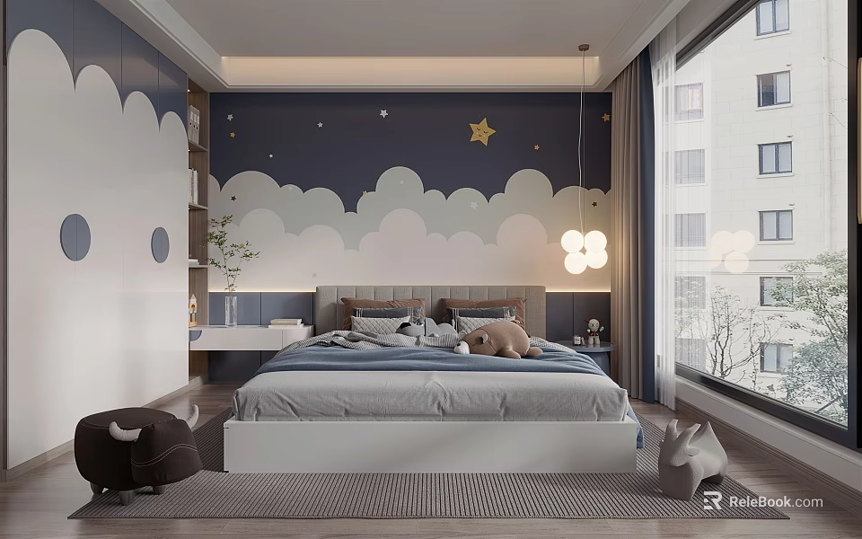 Kids Room Interior With Dark Blue Starry Wallpaper Cloud Decorations White Bed And Plush Toys 3d model 