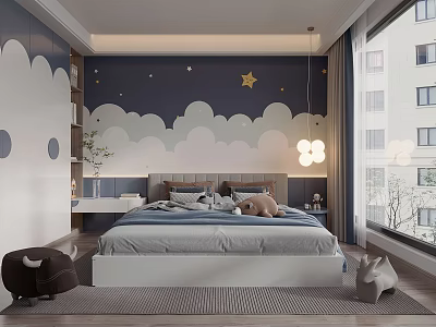 Kids Room Interior With Dark Blue Starry Wallpaper Cloud Decorations White Bed And Plush Toys 3d model