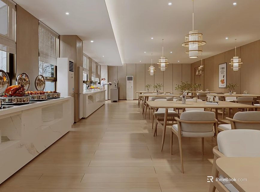 Modern Restaurant Interior With Hanging Lamps Buffet Counter And Wooden Tables Chairs 3d model 
