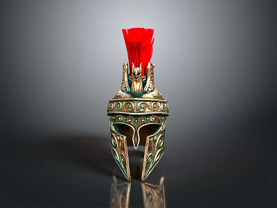 Ancient Greek Warrior Helmet with Red Plume and Gold Green Decorative Details 3d model