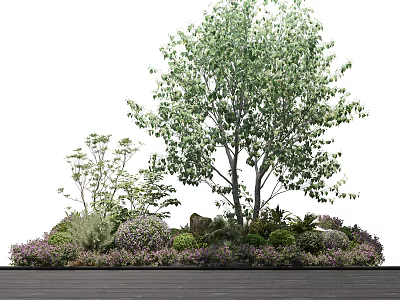 Tall Arbor With Green Leaves Surrounded By Shrubs And Rocks On Wooden Ground 3d model