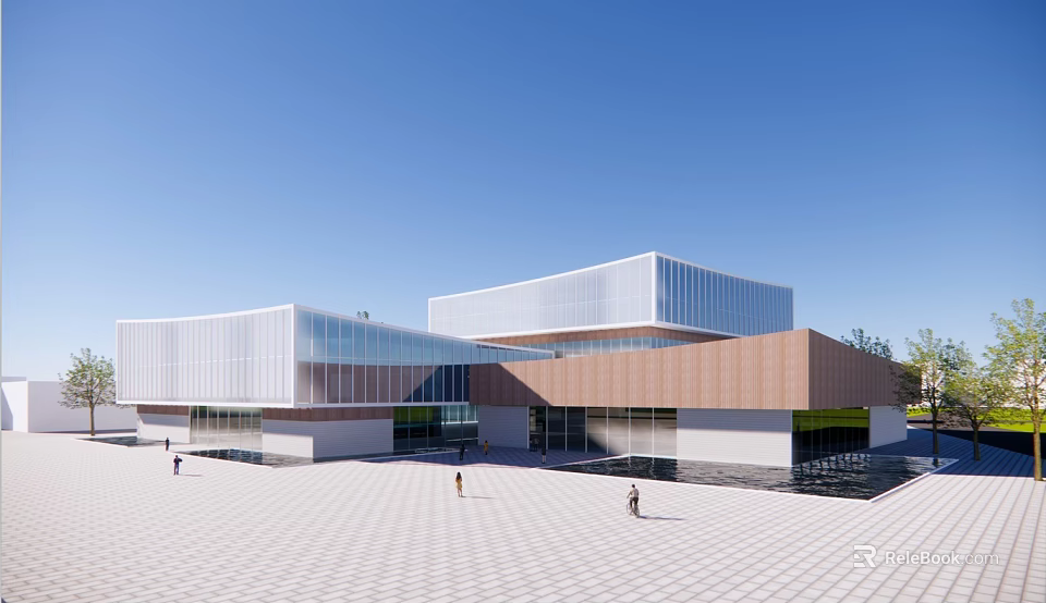 Modern Office Building Exterior With Glass Curtain Walls And Open Plaza Design 3d model 