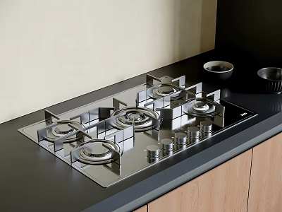 Modern Kitchen Gas Stove On Black Countertop With Wooden Cabinets 3d model