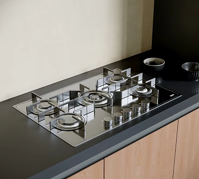 Modern Kitchen Gas Stove On Black Countertop With Wooden Cabinets 3d model