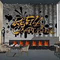 Modern Restaurant Interior With Graffiti Wall Craft Beer Sign Fireplace Dining Table And Bar Counter