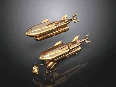 Futuristic Golden Cosmic Aerospace Spaceship Models Floating On Black Background With Reflective Effect 3d model