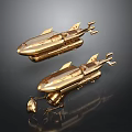 Futuristic Golden Cosmic Aerospace Spaceship Models Floating On Black Background With Reflective Effect