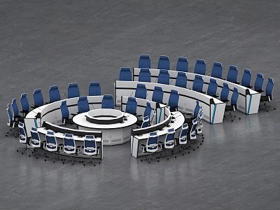 Monitoring Room Interior With Circular Layout Blue Chairs Workstations And Control Consoles 3d model