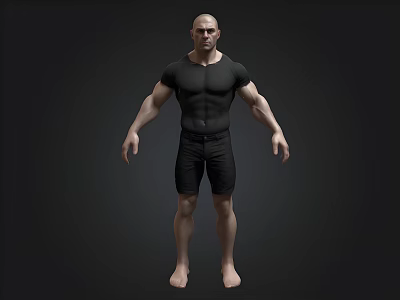 Muscular Man In Black Tight Fitting Shirt And Shorts Barefoot On Dark Background 3d model