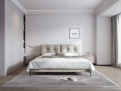 Minimalist Bedroom Interior With Beige Headboard Nightstands Gray Rug And Wall Art 3d model