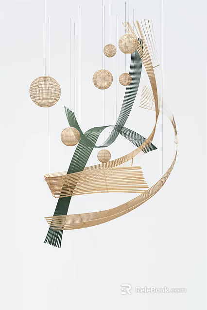 Modern Hanging Decoration Featuring Woven Balls Green Beige Strips and Suspended Curved Bamboo Structure 3d model 