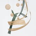 Modern Hanging Decoration Featuring Woven Balls Green Beige Strips and Suspended Curved Bamboo Structure