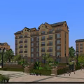 Mediterranean Style Mid Rise Residential Building With Balconies Landscaped Gardens And People Walking