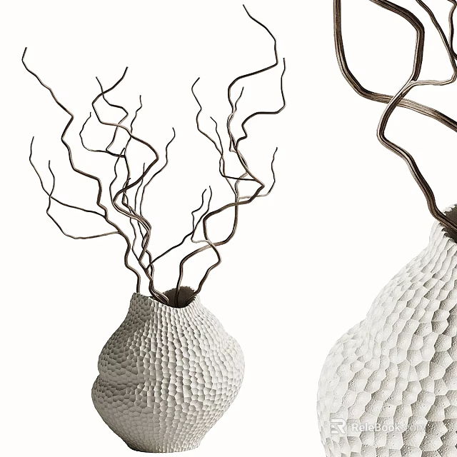 Elegant White Textured Rounded Vase With Black Curved Decorative Twigs 3d model