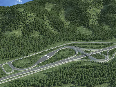 Aerial View of Road Infrastructure With Green Mountain Forests Curves and Interchanges 3d model