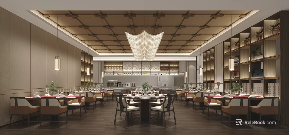 Elegant Modern Restaurant Interior With Ceiling Grid Design Large Chandelier Round Dining Tables And Wooden Shelves 3d model 