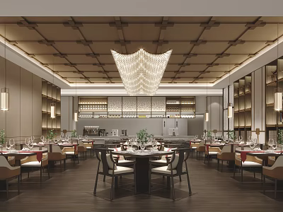 Elegant Modern Restaurant Interior With Ceiling Grid Design Large Chandelier Round Dining Tables And Wooden Shelves 3d model