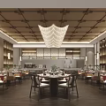 Elegant Modern Restaurant Interior With Ceiling Grid Design Large Chandelier Round Dining Tables And Wooden Shelves