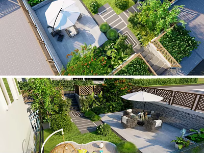 Beautiful Courtyard Garden Design With Outdoor Seating White Umbrella And Lush Green Plants 3d model