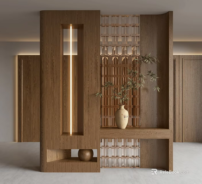 Wooden Entryway Hallway Design With Decorative Light Vase And Glass Partition 3d model 