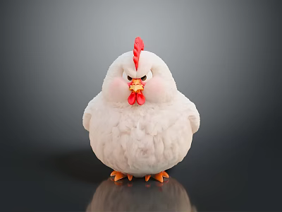Cute White Chicken With Fluffy Feathers Red Comb And Yellow Beak Feet On Gray Background 3d model