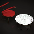 Stylish Red Sofa With Metal Frame And Round Marble Top Coffee Table Set 3d model