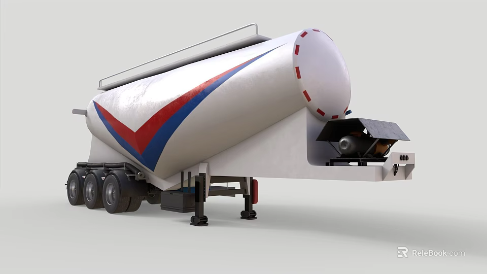 Functional Tanker Trailer For Liquid Transport With White Body Red Blue Stripes And Multiple Wheels 3d model 