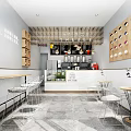 Modern Milk Tea Shop Open Layout with Bar Counter Tables Chairs Cup Decorations on Wall