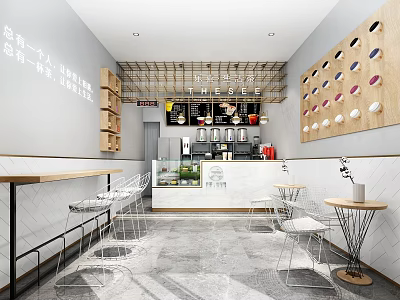 Modern Milk Tea Shop Open Layout with Bar Counter Tables Chairs Cup Decorations on Wall 3d model