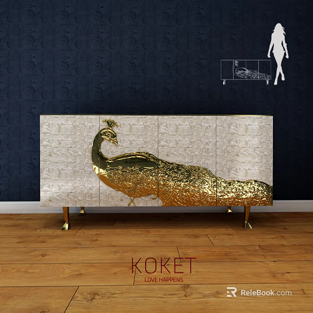 Elegant TV Stand With Golden Peacock Design And Marble Surface Golden Legs 3d model 