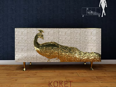 Elegant TV Stand With Golden Peacock Design And Marble Surface Golden Legs 3d model
