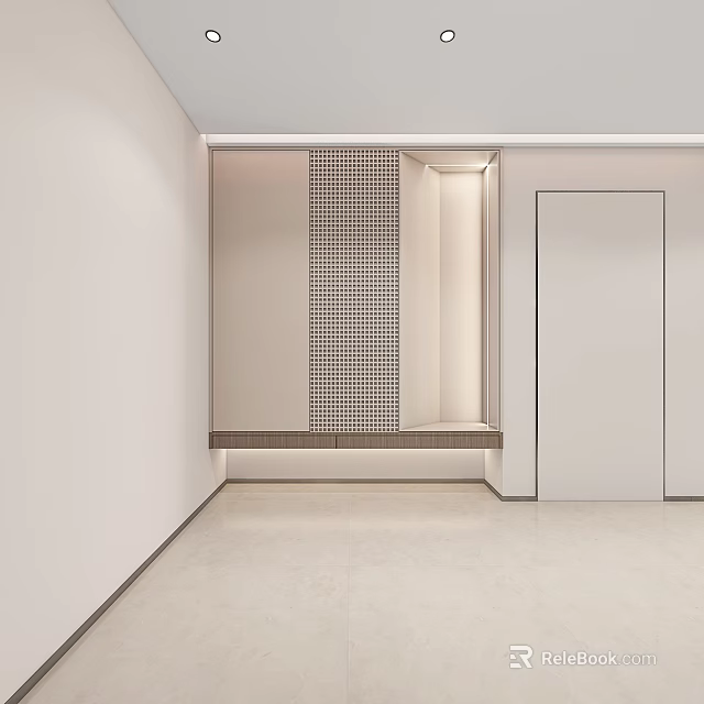 Minimalist Entryway Hallway With White Walls Grid Patterned Partition And Built In Cabinets 3d model 