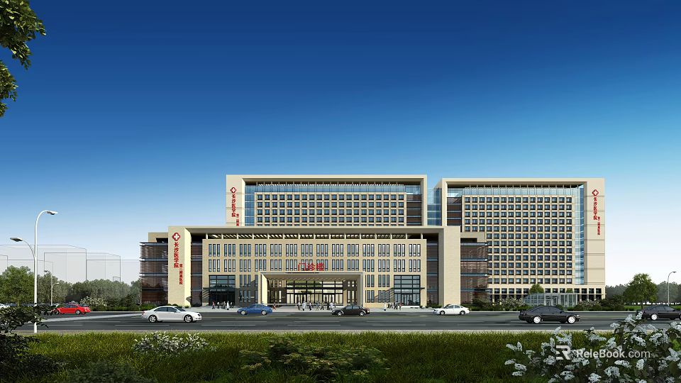 Modern Hospital Building Exterior Design With Main Entrance Parking And Green Landscaping 3d model 
