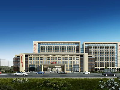 Modern Hospital Building Exterior Design With Main Entrance Parking And Green Landscaping 3d model