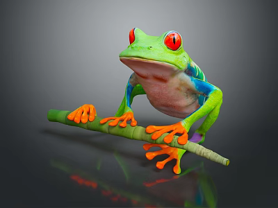Vibrant Green Reptile With Red Eyes And Orange Toes Perched On Tree Branch 3d model