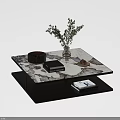 Elegant Modern Marble Coffee Table Set with Lower Shelf and Decorative Plants 3d model