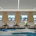 Modern Conference Room Interior With Large Windows White Sofas Wooden Walls And Blue Carpet