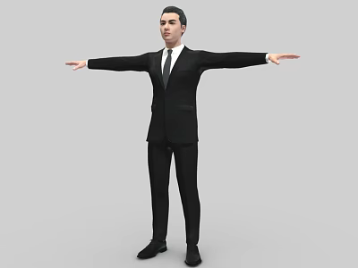 Man In Black Suit With Tie Standing With Arms Outstretched On Gray Background 3d model