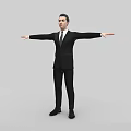 Man In Black Suit With Tie Standing With Arms Outstretched On Gray Background