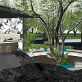 Garden Landscape With Circular Seating Area Green Plants Trees Rocks Bar Counter Water Feature