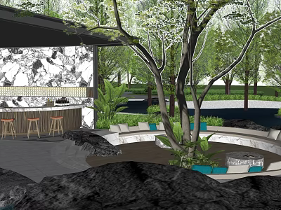 Garden Landscape With Circular Seating Area Green Plants Trees Rocks Bar Counter Water Feature 3d model