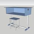 Blue White Study Desk With Matching Stool And Simple Design 3d model