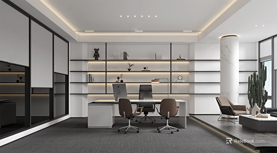 Modern Office Interior Design With Shelves Books Computer Desk And Ergonomic Chairs 3d model 