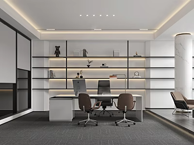 Modern Office Interior Design With Shelves Books Computer Desk And Ergonomic Chairs 3d model