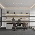 Modern Office Interior Design With Shelves Books Computer Desk And Ergonomic Chairs