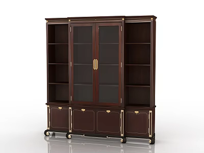 Dark Wooden Bookcase With Glass Doors Gold Accents And Bottom Drawers On Wheels 3d model