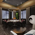 Elegant Modern Chinese Private Dining Room With Round Table Dark Chairs Wooden Walls And White Sofa